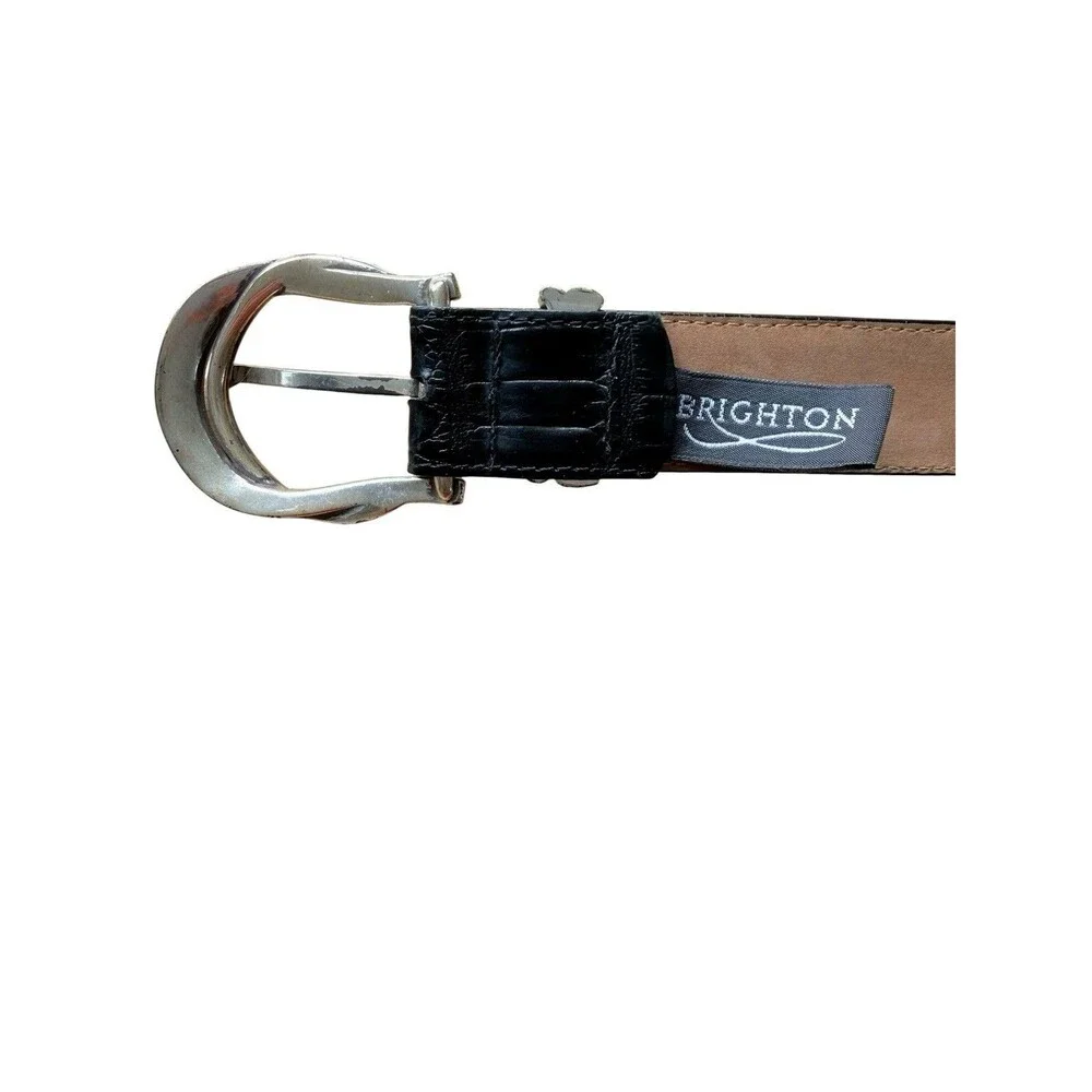 Brighton Vintage Black Croc Embossed Leather Belt XL Silver Buckle Western 90s